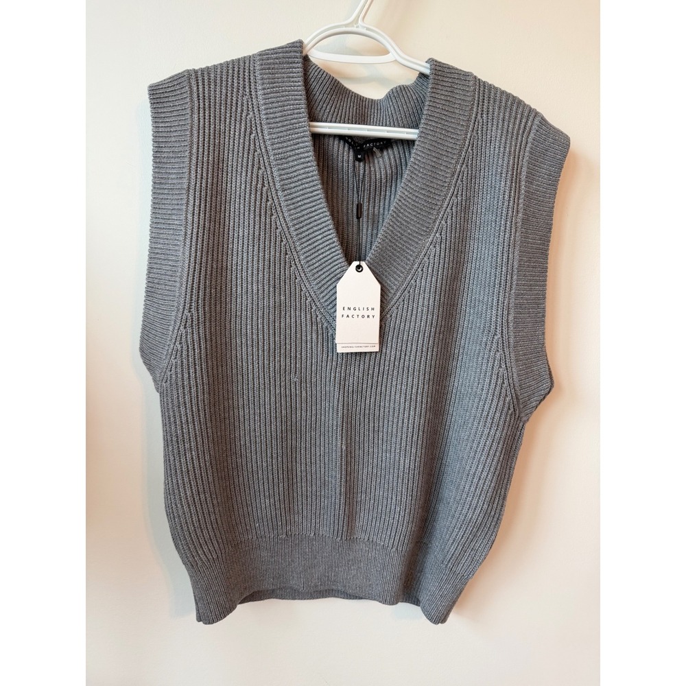 English Factory Grey Ribbed Knit V-Neck Sweater Vest Sleeveless Top Medium NEW